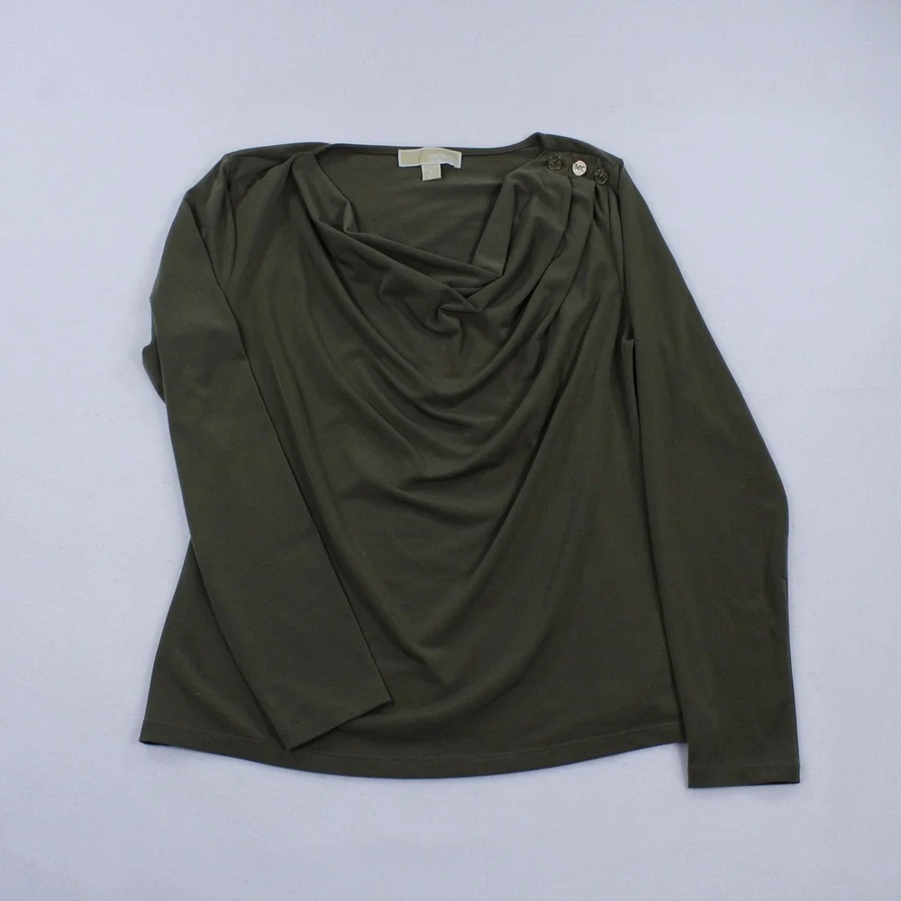 Michael Kors Long-Sleeve Blouse – Button-Detail Cowl Neck – Olive Green – Size M